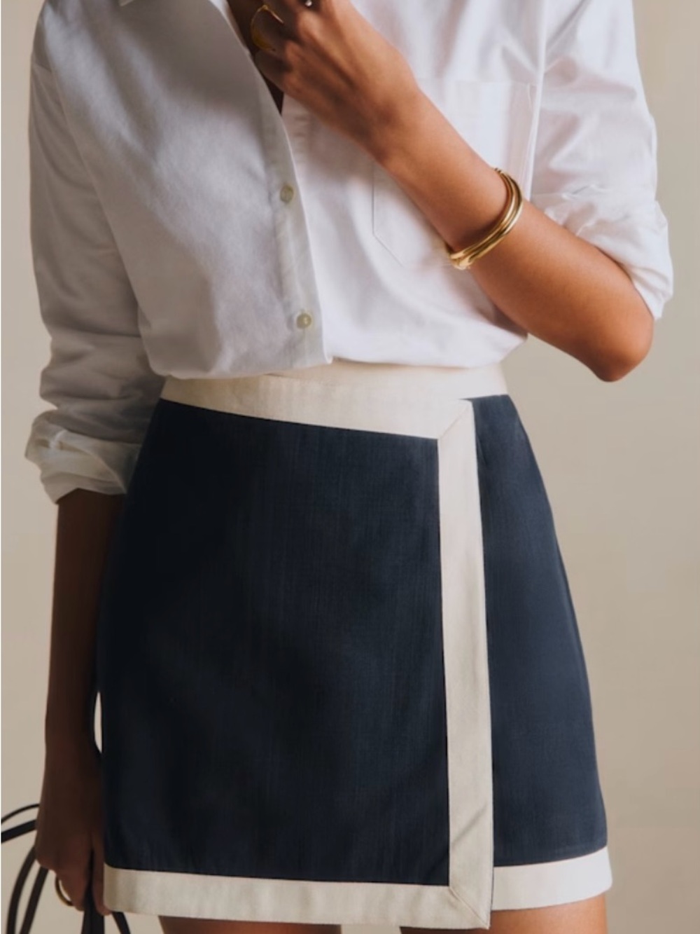 Sezane Martine Ecru Trim Navy Mini Skirt